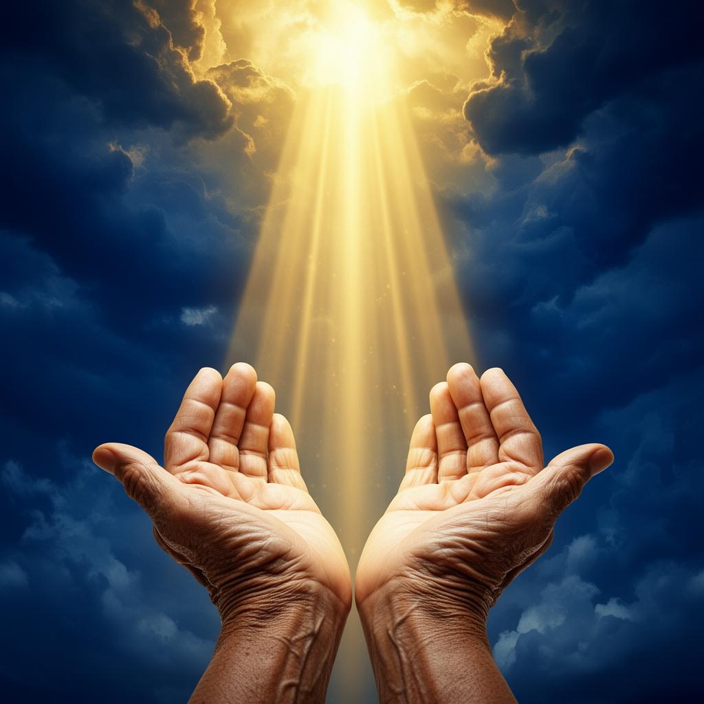 Mãos abertas em oração recebendo luz divina dourada — símbolo do Código de Gênesis